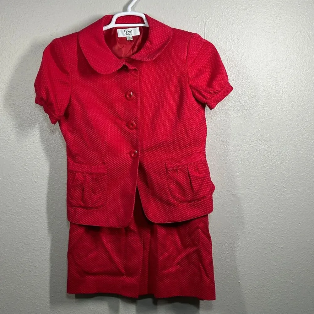Le Suit Skirt Set Womens Petite 6P Red Textured Button Puff Sleeve Jacket Skirt